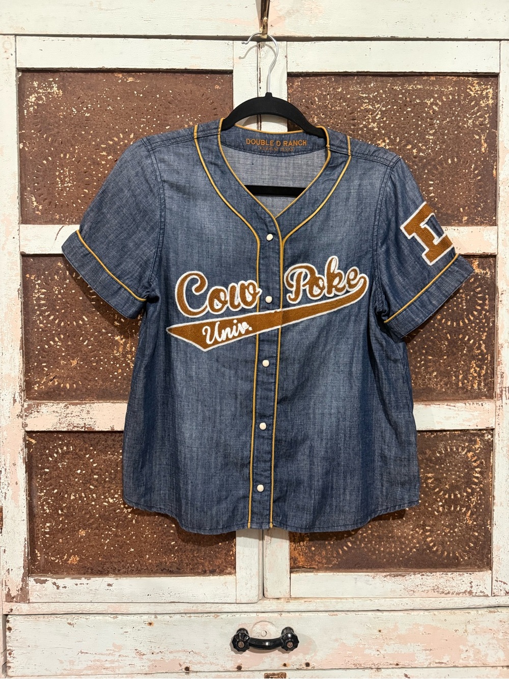 Double D Ranch Chambray Cow Poke University Top Size XS